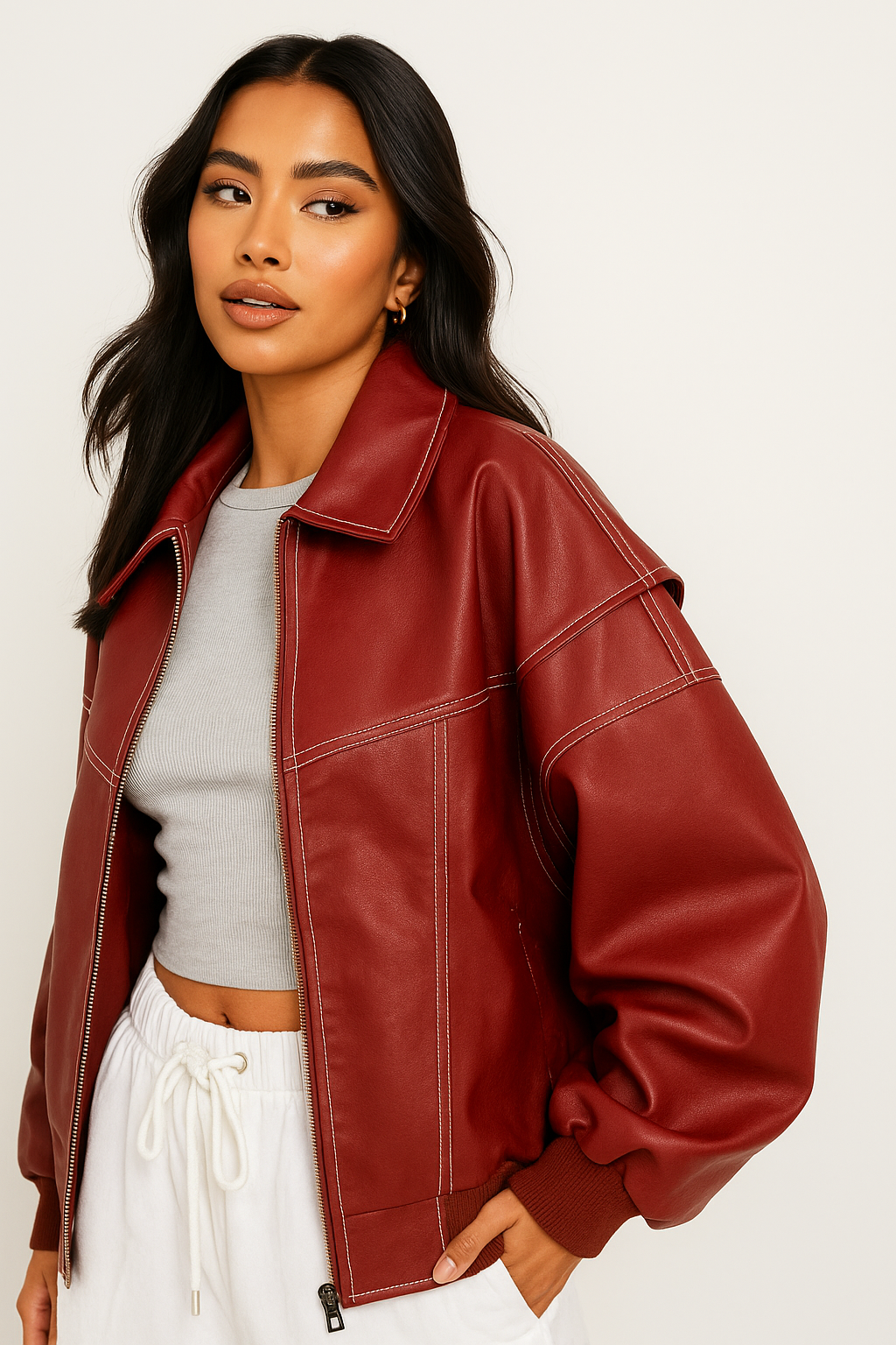 Rode leren jas met oversized pasvorm voor vrouwen