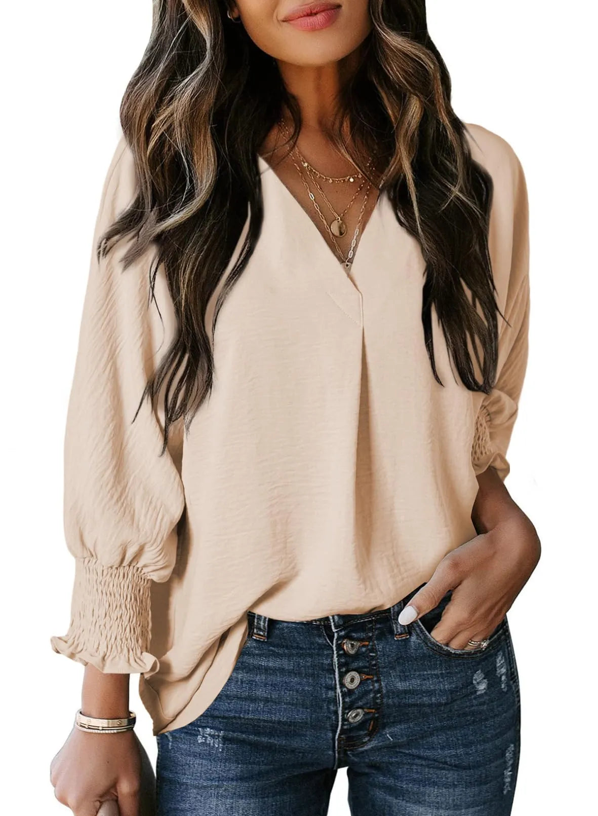 Blouse met gesmokte mouwen en soepel vallend ontwerp voor vrouwen