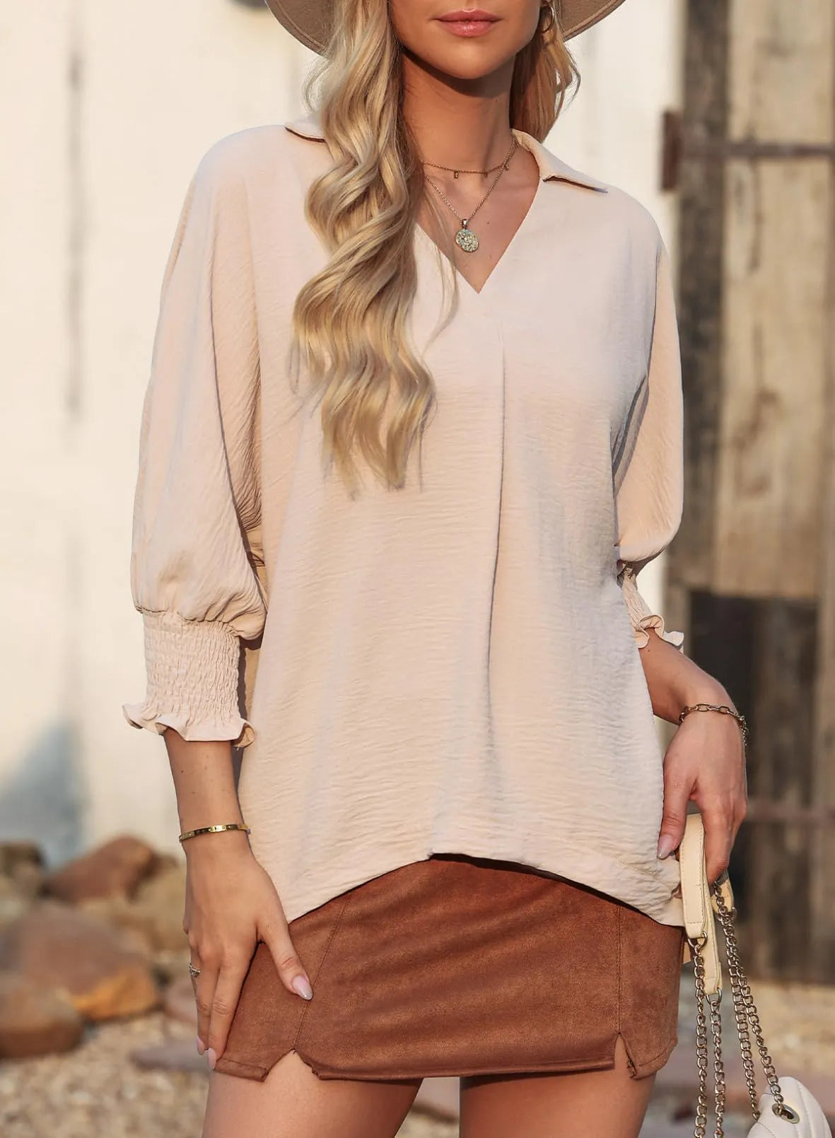 Blouse met gesmokte mouwen en soepel vallend ontwerp voor vrouwen