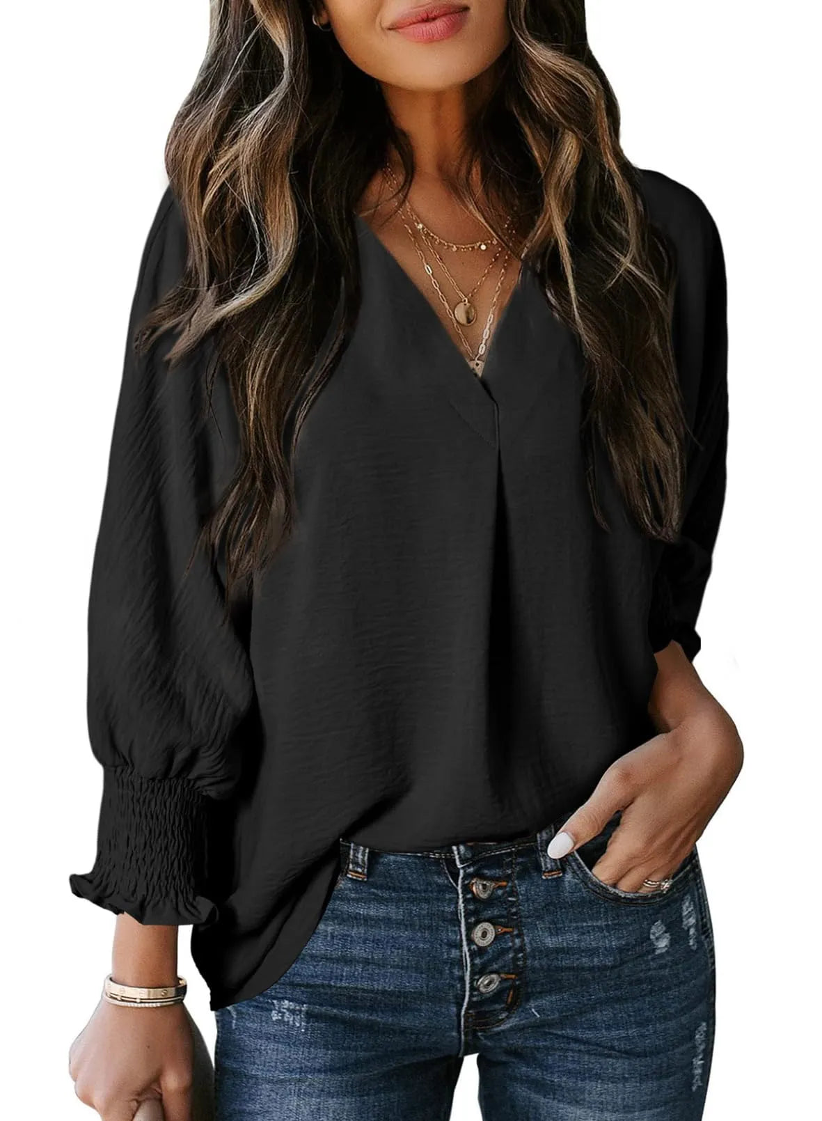 Blouse met gesmokte mouwen en soepel vallend ontwerp voor vrouwen