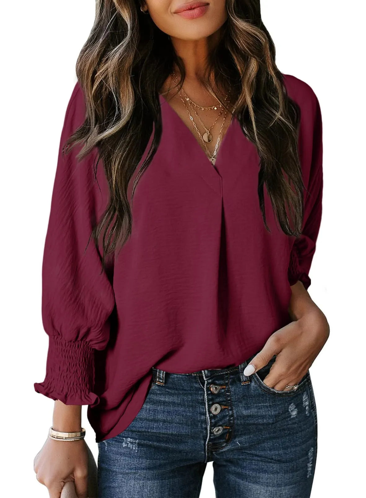 Blouse met gesmokte mouwen en soepel vallend ontwerp voor vrouwen