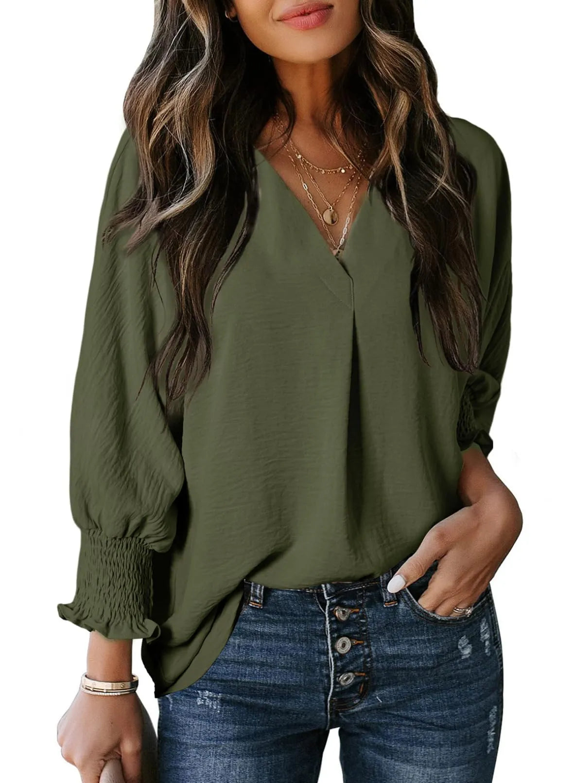 Blouse met gesmokte mouwen en soepel vallend ontwerp voor vrouwen