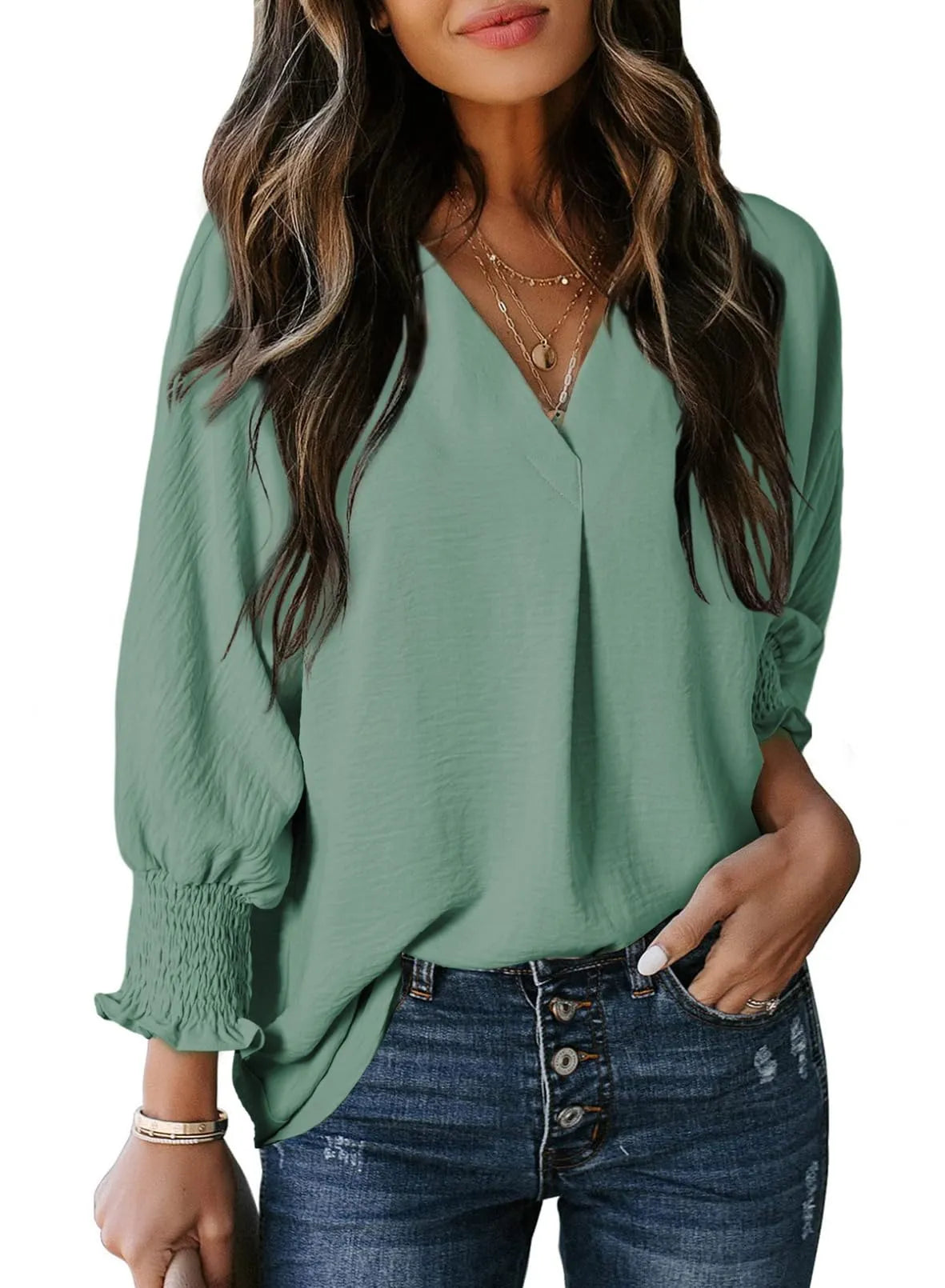 Blouse met gesmokte mouwen en soepel vallend ontwerp voor vrouwen