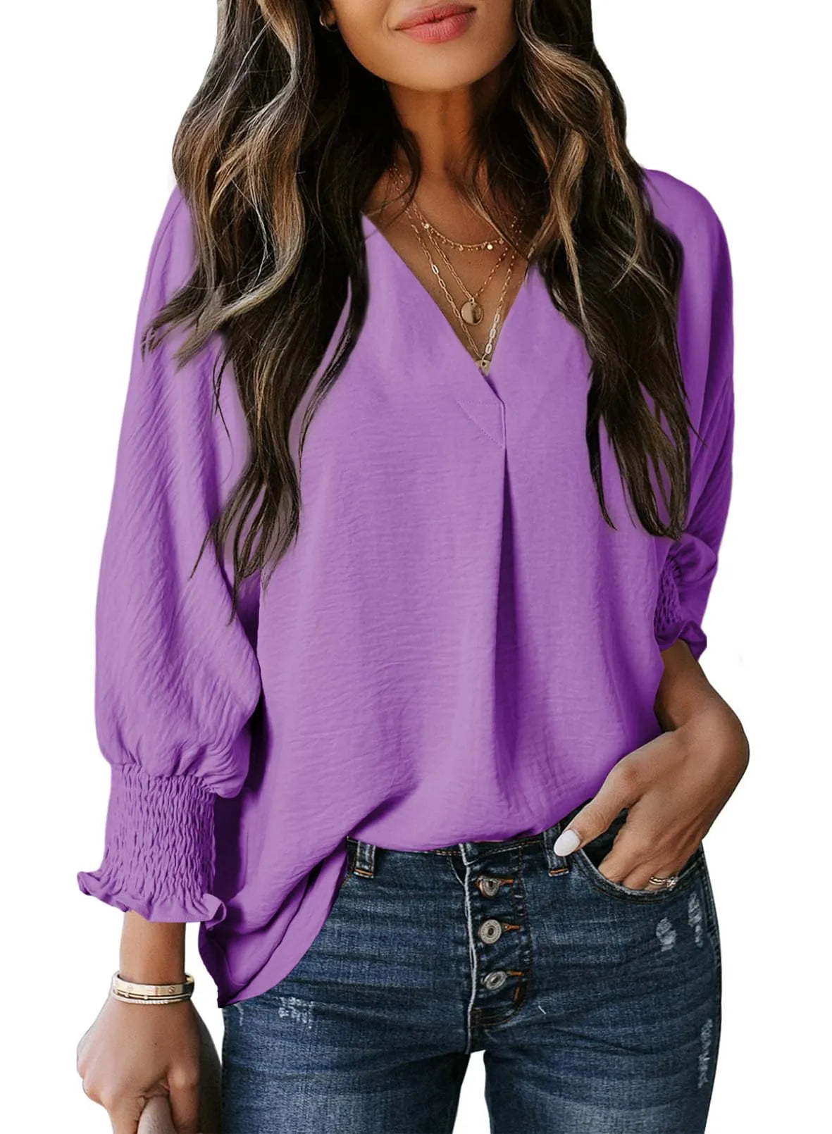 Blouse met gesmokte mouwen en soepel vallend ontwerp voor vrouwen