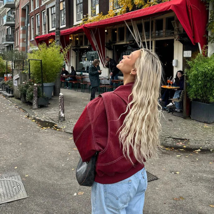 Rode leren jas met oversized pasvorm voor vrouwen