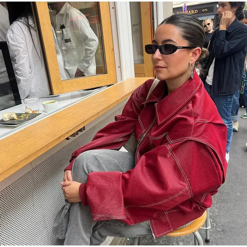 Rode leren jas met oversized pasvorm voor vrouwen